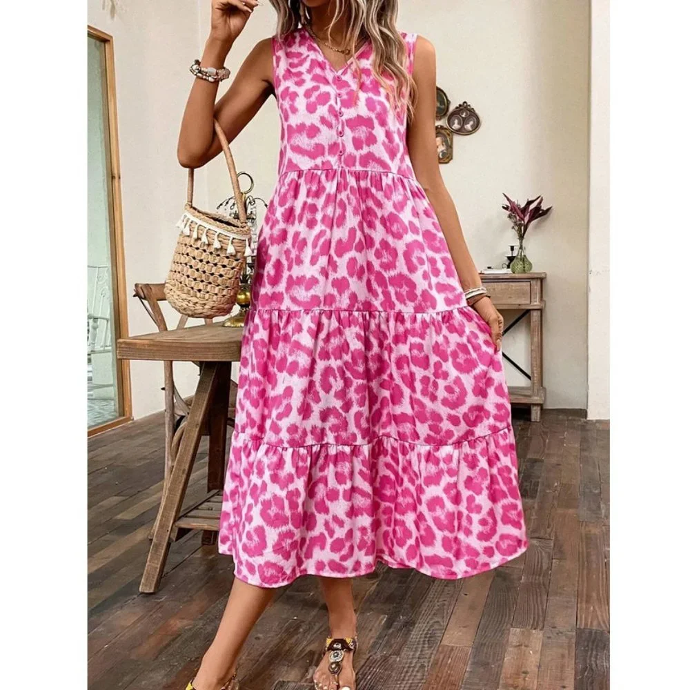 Pink Boho Womens Leopard Print Ruffle Hem Smock Dress - Picture 1 of 7